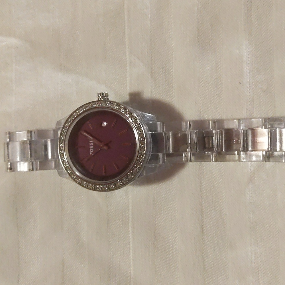 Fossil Watch Women Clear Purple Silver Tone Round Dial Date New Battery 7"￼